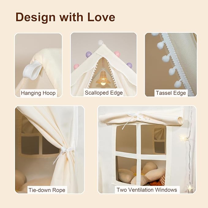 Play Tent for Kids with Star Lights, Flags, Pompoms & Gift Box, 2-in-1 Tent for Toddler with Metal Frame, Kids Indoor Playhouse, 40"x47"x50", Toy Gift for Boys & Girls