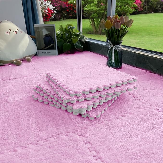 16pcs 0.6" Thickened Interlocking Tile Mats,Fluffy Shaggy Soft EVA Foam Area Rug for Living Room & Bedroom,Non-Slip Protective Floor Carpet Play Mat Kids Baby Dorm Home Decor (11.8ft, Pink)