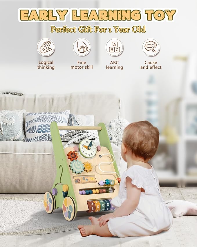 Wooden Baby Walker with Wheels, Push Walker for Baby Boy 6-12 Months, Baby Activity Center Sit to Stand Walker Small Size