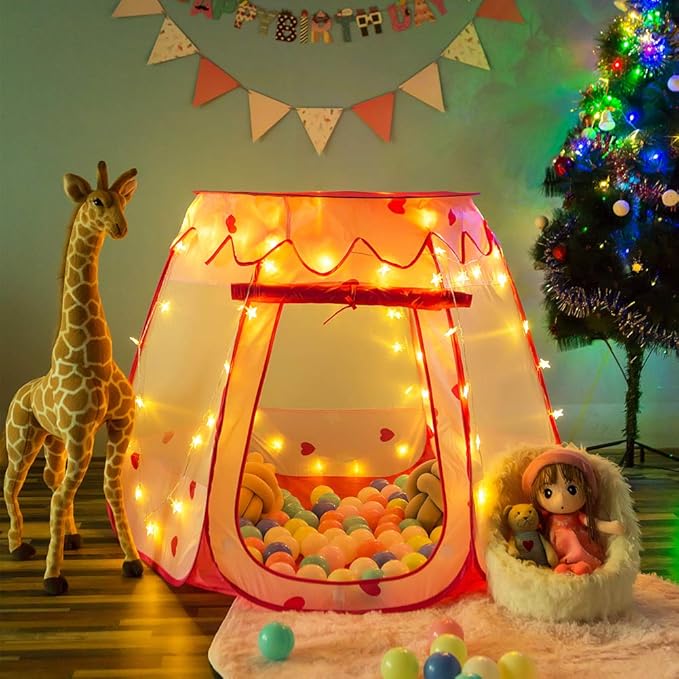 Pop Up Princess Tent with Star Light, Toys for Year Old Girl Birthday Gift, Ball Pit for Months Baby Girl Toys, Toddler Gift, Easy to Pop Up and Assemble(Pink)