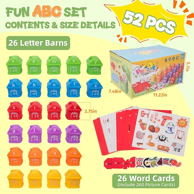Alphabet Learning Toys for Kids 3+―ABC Barn Sorters with 260 Flash Cards, Montessori Preschool Learning Activities, Uppercase & Lowercase Letter Color Sorting and Matching Educational Game for Toddler