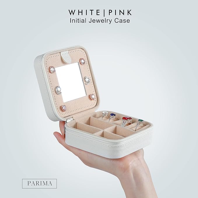 Parima Travel Jewelry Case - Ring, Necklace, Earring Organizer Box With Initial M in White