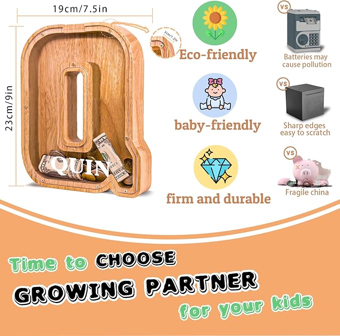 Wooden Letter Piggy Bank for Kids Larger Letter Piggy Bank for Boys and Girls Personalized Piggy Bank Initial Coin Bank Wood Kids Money Bank for Birthday and Festival