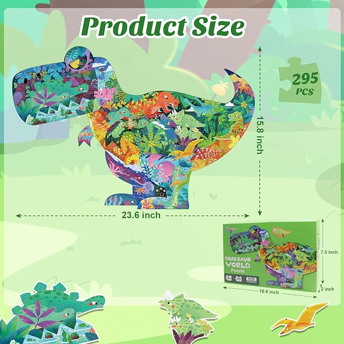 Dinosaur Puzzles for Kids Ages 6-8 Years Old 295 Piece Jigsaw Puzzles Unique Animal Shape Floor Puzzle Ages 8-10 Learning Educational Toys Birthday Gift for Boys Girls Ages 10-12