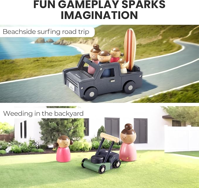 Tiny Land Wooden Dollhouse Garage Set – Realistic Design with Garage, Workbench,Lawn Mower & SUV Car, Expansion Dollhouse Furniture & Accessories for Doll house, Educational Pretend Play Gift for Kids