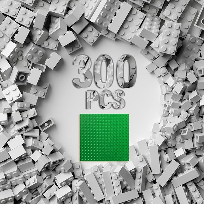300 Pcs Classic Building Bricks, 5 Types White Bulk Bricks,Bring one16x16 Plate Compatible with Lego and Major Brands Parts, Creative Building Block Toys for Boys Girls Ages 6+ Year Old (Light Gray)