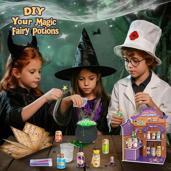 BEIREG Magic Potion Kits for Kids, Potion Making Kit with 20 Magic Mixed Potion Bottles & Witches Cauldron, Mystery House Craft for Christmas Halloween Crafts Gifts for Kids Girls 6 7 8 9 10+