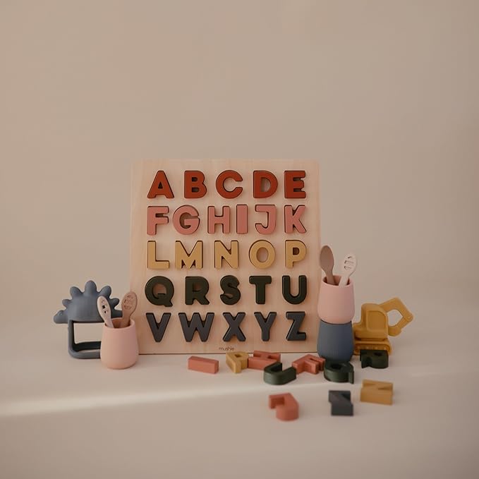 mushie Wooden Alphabet Puzzle | for Kids 3 Years+ | Preschool Educational & Toddler Montessori Toys (26 pcs)