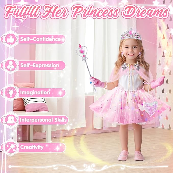 Princess Dress Up Clothes for Little Girl, Light Up Princess Cape Set with Crown, Princess Dresses for Girls 3-8 Role Play, Princess Toy Gift for Halloween Christmas Birthday Party