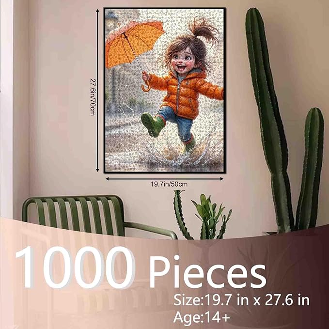 Tucocoo Cute 1000 Piece Puzzle for Adults, Happy Cartoon Girl Jumping in Rain with Orange Umbrella Jigsaw Home Decor, Whimsical Rainy Day Scene – Fun and Challenging Puzzles Gift for Women, Teens