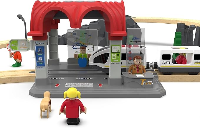 Train Accessories Modern Station for Kids, Train Tunnel for Wooden Railway System, Multifunction Toy Trains Set for Motorized Cars Compatible with Thomas & Friends, Brio, Chuggington