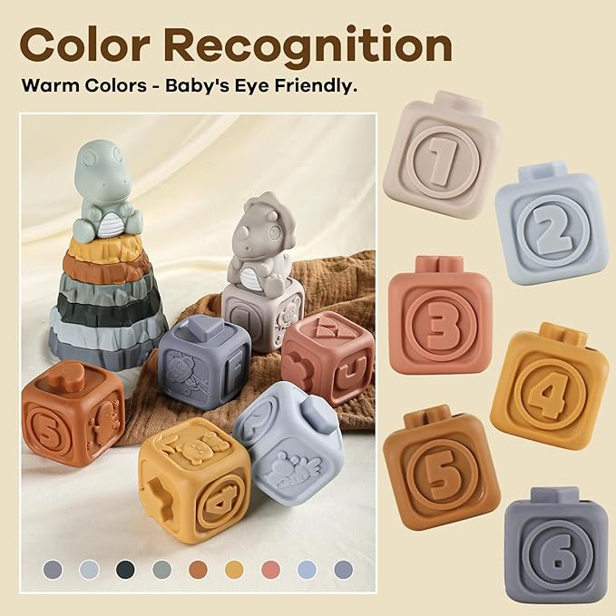 Stacking Rings & Nesting Building Blocks for Babies 6 12 18 Months, 14 Pcs Soft Stacker Teething Toys with 2 Dinosaur, Montessori Learning Toys for Infant Toddler Boys Girls