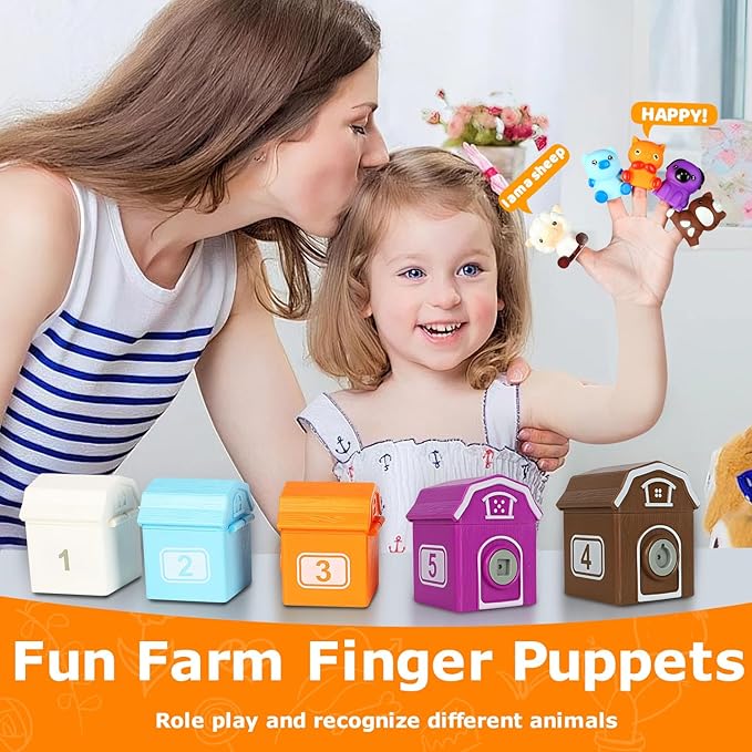 Toddler Learning Toys for 2 3 4+ Year Olds, Counting, Matching & Sorting Montessori Toy with Farm Animals, Playmat, Finger Puppets, Shape Keys and House, Easter Christmas Birthday Gift for Boys Girls