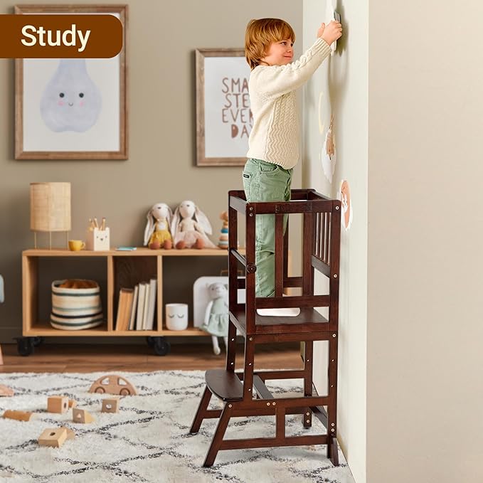 COSYLAND Toddler Standing Tower - Adjustable Height Toddler Kitchen Stool Helper - Kids Kitchen Step Stool for Learning with Removable Safety Railing Brown