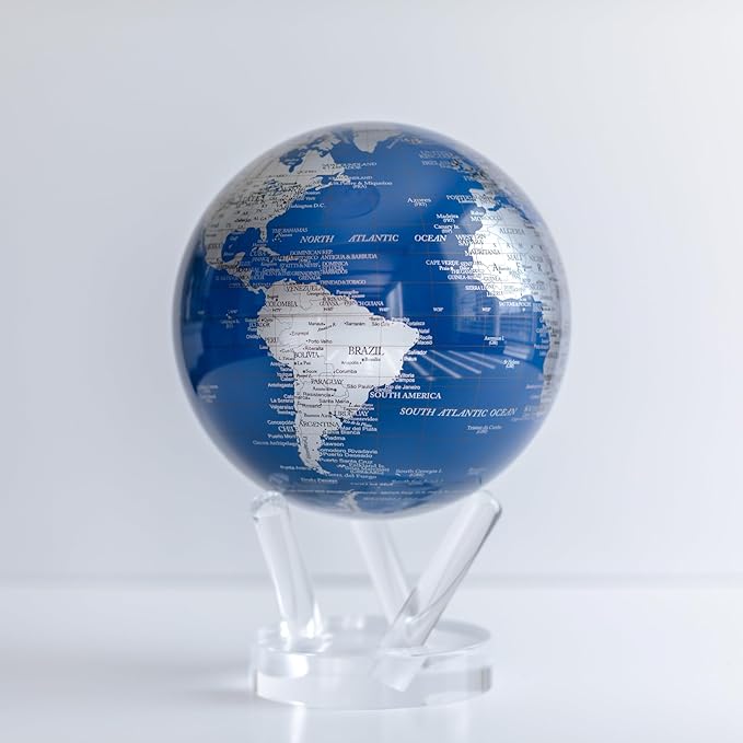 MOVA – Blue and Silver 4.5” Rotating Earth Sphere | Solar-Powered Desktop Decor for Offices, Study, or Gifting | No Batteries or Cords Needed