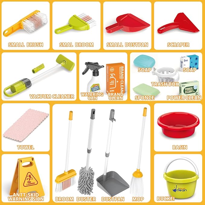 Kids Cleaning Set for Toddlers Pretend Play Housekeeping Supplies Kits with Real Working Vacuum Cleaner, Broom, Spray Bottle, Dust Pan and More Role Play Educational Toys for Toddler Boys Girls (Blue)
