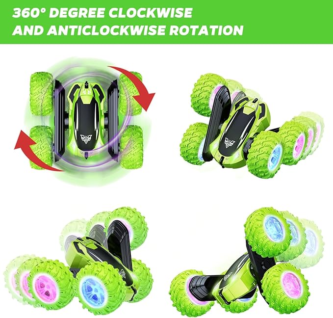 KKONES Remote Control Car, 2.4GHz Electric Race Stunt Car, Double Sided 360° Rolling Rotating Rotation, LED Headlights RC 4WD High Speed Off Road Gift for 3 4 5 6 7 8-12 Year Old Boy Toys (Green)