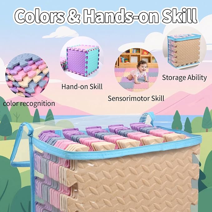 Foam Play Mat for Baby, EVA Non-Toxic Interlocking Floor Mats, Solid Colored Foam Puzzled Floor Mats, Baby Play Mat Exercise Mats, 16 Tiles(Beige/Pink/Purple/Gray Blue)