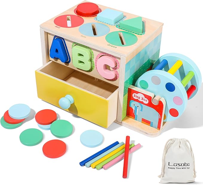 Toddlers Wooden Activity Cube Toys, 5-in-1 Montessori Toys for 3 Year Old Boys Girls, Shape Color Sorting Sensory Toy, Drawer Box Toy, Multipurpose Educational Learning for Baby