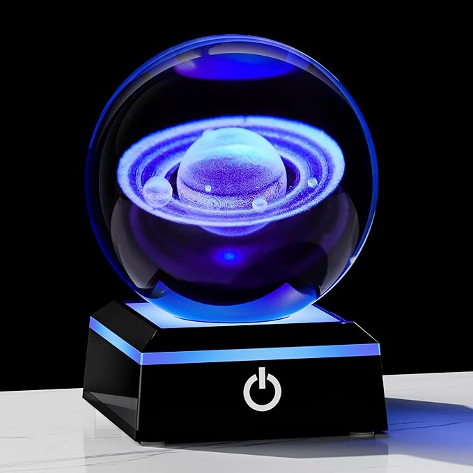 Qianwei 3D Saturn Crystal Ball Night Light Laser Engraved Glass Planet Sphere Gifts Crystal Solar System Saturn Model Decor Space Astronomy Gift for Kids