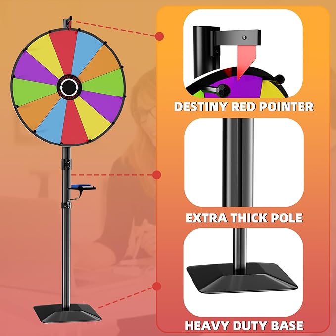 Heavy Duty Prize Wheel, 24 Inch Dual Use Prize Wheel,Adjustable Tabletop & Floor Stand, 12 Slots,1Bracket, Dry Erase Kit - Wheel of Fortune Game for Carnival, Casino & Trade Show.
