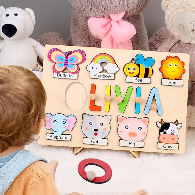 Personalized Name Puzzle for Kids, Wooden Name Puzzle for Toddlers 1-3, Custom Baby Gifts, Educational Montessori Toys for Learning Alphabet, Animals, First Birthday Gifts for Boys Girls