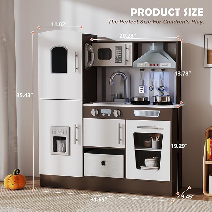 JOYDIAS Kids Play Kitchen Set, Pretend Wooden Kid Kitchen Playset Toy Kitchen w/Sound and Light, Oven, Ice Maker, Blackboard & Toy Storage Box, Toddler Kitchen Accessories for Kids Ages 3+