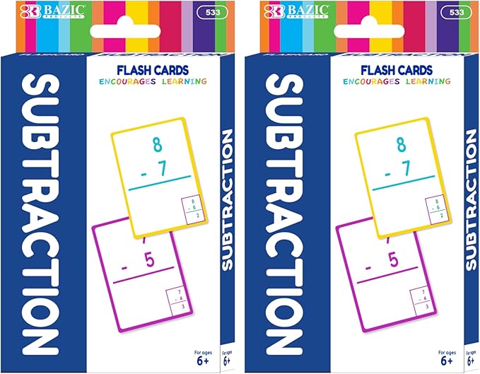 BAZIC Subtraction Flash Cards, Numbers Math Flashcards Game at School Home, Problem Solving (36/Pack), 2-Packs