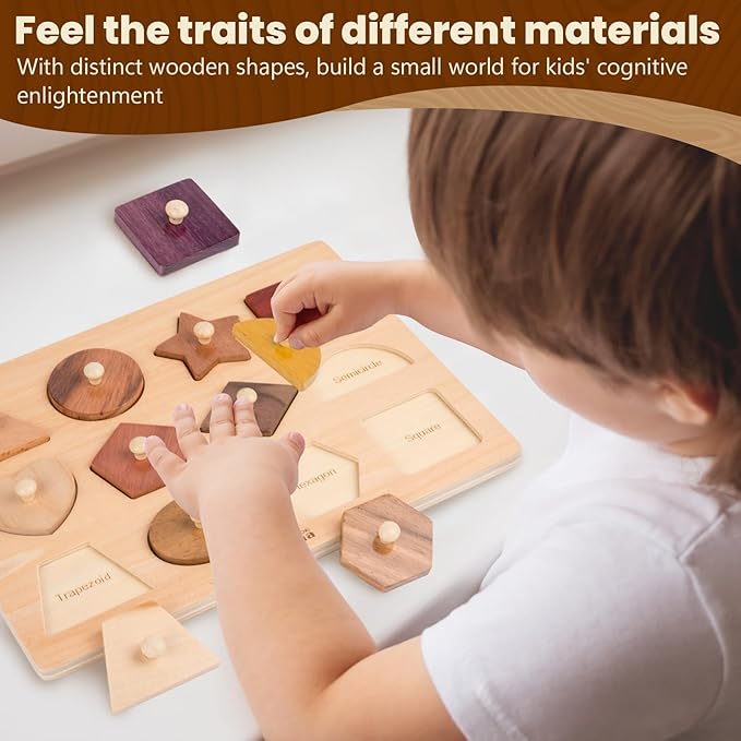 Adena Montessori Wooden Shape Peg 12 Piece of Colorful Shape Cognition Knob Puzzles Baby & Toddler Development Toy (12 Types of Materials)