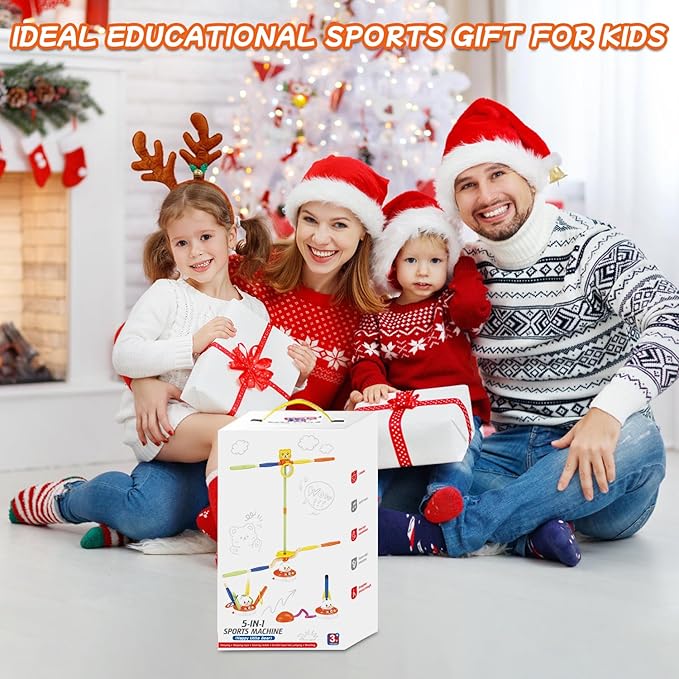 Sports Outdoors Play Set Toys - 5 in 1 Musical Jump Ring Toss Game Stomping Launch Rocket Launcher Basketball Throw for Kids - Indoor Outside Obstacle Avoidance Gifts for Toddlers Ages 4-8 8-13
