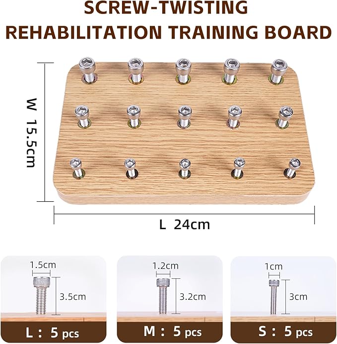 Beech Wood Occupational Therapy Wooden Pegboard with 15 Holes & 3-Size Bolts - Stroke Therapy Tools Equipment for Adults Fine Motor Skills, Hand Therapy Peg Board for Finger Dexterity Toys Exercises