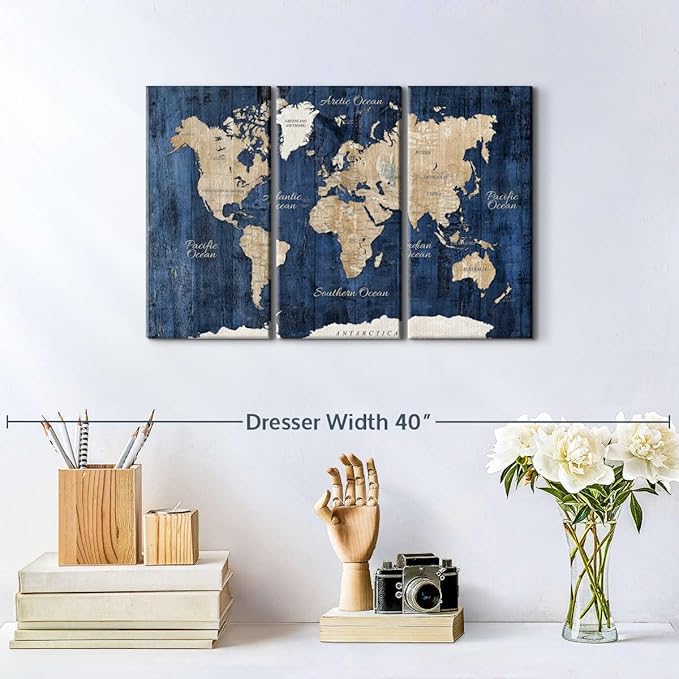 ElephantStock Aged Blue World Map II Canvas - 3 Panel Wall Decor - World Map Digital Art - Blue Wall Art - 23" X 14"