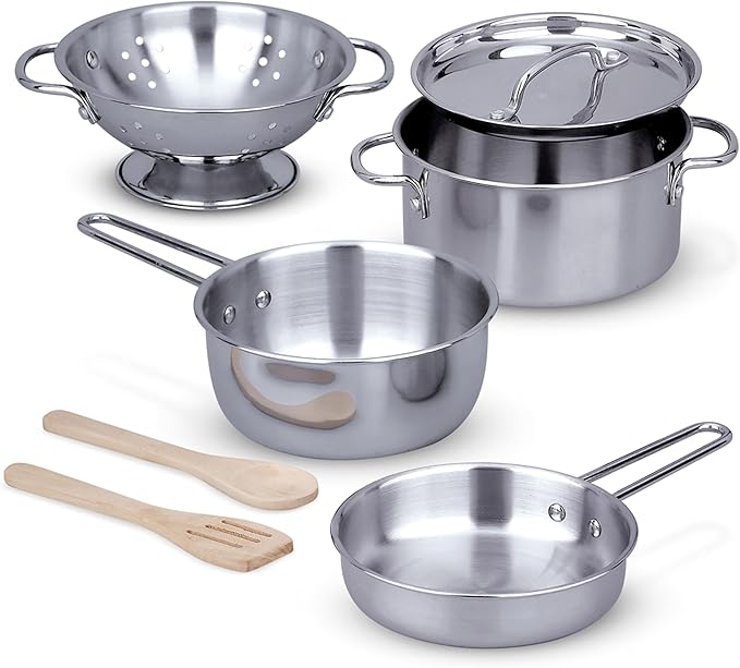 Melissa & Doug Stainless Steel Pots & Pans, 8 Piece Play Kitchen Set, Premium Play Kitchen Accessories & Cooking Utensils, Preschool Toys for Kids 3+