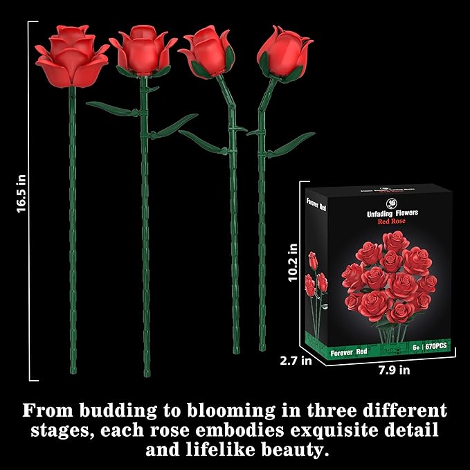 Red Roses Flower Bouquet Building Sets, 670Pcs Artificial Flowers Building Blocks Compatible with Lego Flowers for Adults Christmas Birthday Gifts for Women Mom Valentines Day Gifts