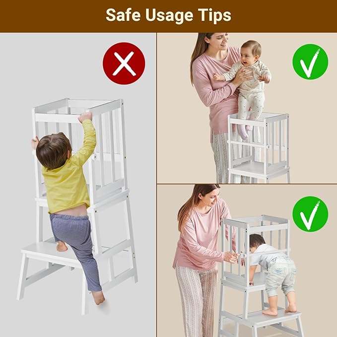 COSYLAND Kitchen Step Stool for Toddlers – Stable A-Frame Design Kids Standing Tower with Protective Crossbar – Wooden Learning Stool for Kitchen Island Counter, Bathroom (White)