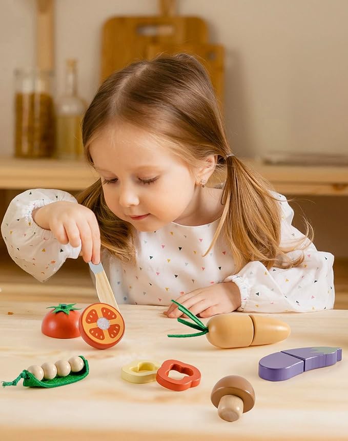 ROBUD Wooden Toy Food Set, Cutting Play Food for Kids Kitchen Accessories Pretend Toy Food Playset with Storage Bag, Toys Gifts for Girls Boys Age 3+, Vegetable Set