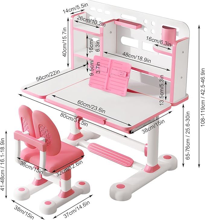 2025 NEW Kid's Study Desk and Chair Set, Ergonomic Height Adjustable Children Study Desk with Tilt Desktop, Book Stand, Light, Metal Hook and Storage Drawer,Gift for Boys Girls (Pink 119cm lean)