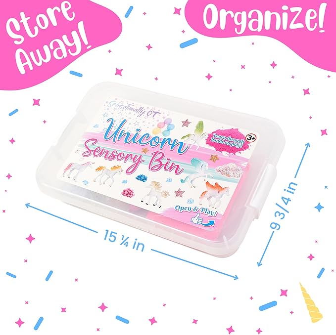 Premium 38 PCS Unicorn Sensory Sand Bin-2 lb Magic Sand, Sensory Bin for Toddlers & Sand Scooper-Count Sparkly Pom-Poms, Bring Unicorns to Life - Ideal Gift for Kids