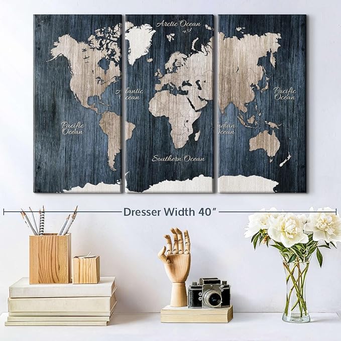 ElephantStock Aged Blue World Map I Canvas - 3 Panel Wall Decor - World Map Digital Art - Blue Wall Art - 33" X 20"