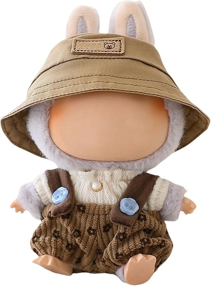 Doll Clothes Outfit Set Compatible with Labubu Cute Hat, Top & Overalls Fits 17cm (6.7 Inches) Dolls Dress Up Accessories for Dolls DIY (No Doll) (Brown)
