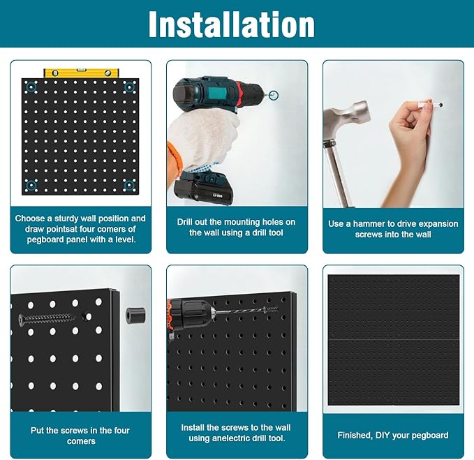 Peg Board,Steel Organization Panels, Ideal for Garage Tool Storage, Office Organization, Craft Room, Kitchen,Pack of 4 (Black, 4-12X12)