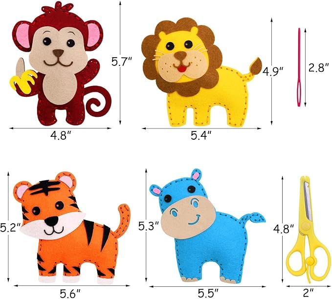 Safari Jungle Animals Sewing Kit Zoo Felt Animal DIY Crafts for Girls and Boys Educational Nursery Sewing for Kids Art Craft Kits for Beginners Set of 10