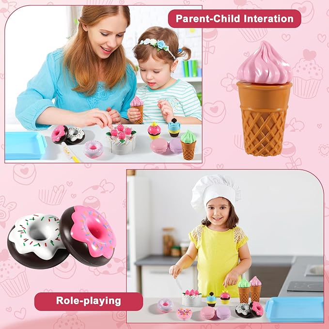 15 PCS Pretend Play Food Set - Play Food for Kids Kitchen - Pretend Cutting Play Desserts Cake Ice Cream and Donuts Food Toys - Birthday Gifts Set Toy for Boys, Girls, Kids, Toddler