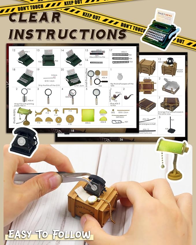 Miniature House Kit Detective Lodge, Tiny House with Furniture & LED Lights, Miniature Dollhouse Kit for Adults & Teens, Wooden Craft Gift & Hobby for Family Friends