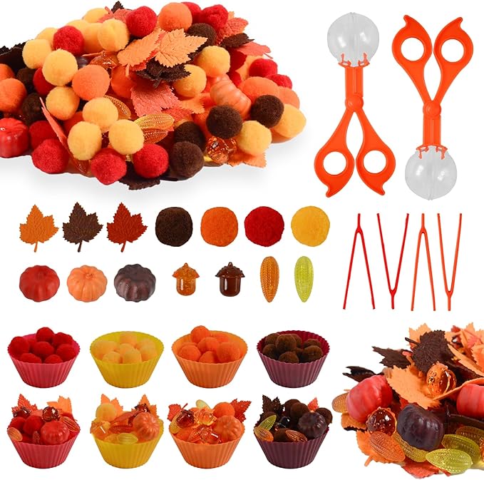 212Pcs Fall Sensory Bin Filler Fine Motor Toys Thanksgiving Sensory Bin Items Counting Sorting Toy 100 Pompoms 60 Felt Leaves 16 Acorns 16 Corns 6 Foam Pumkins for Preschool Education Activities