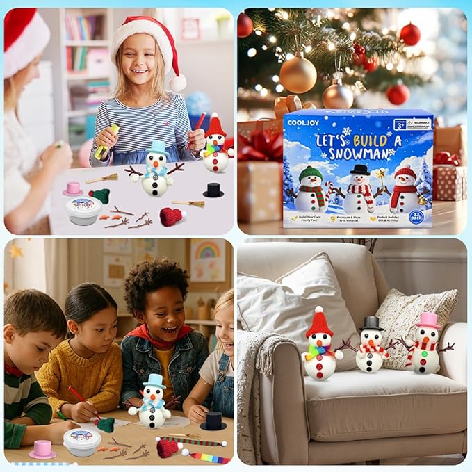 COOLJOY 24 Pack Build a Snowman Kit DIY Snowman Crafts,Air Dry Clay Modeling Crafts Kit,Christmas Stocking Stuffers for Kids,Christmas Gifts for Kids, Snowman Making Kit Toys