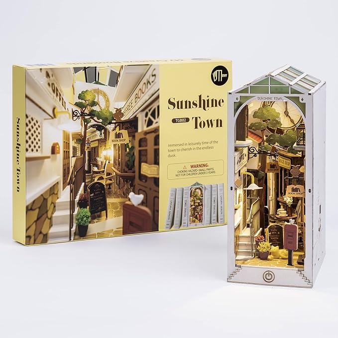ROBOTIME Book Nook Kit DIY Miniature Dollhouse Booknook Kit 3D Wooden Puzzle Bookend Bookshelf Insert Decor with LED Light for Teens and Adults (Sunshine Town)