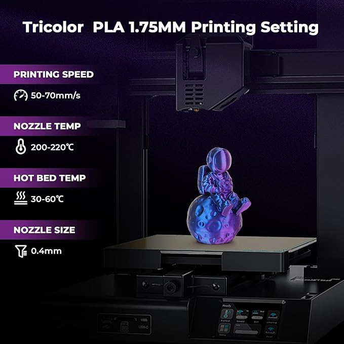 AMOLEN Silk PLA 3D Printer Filament, Tri Color Black Blue Purple PLA 1.75mm, Shiny Multi Color Change Filament 3D Printing PLA Filament for Most FDM 3D Printer, 1kg Spool(2.2lbs)