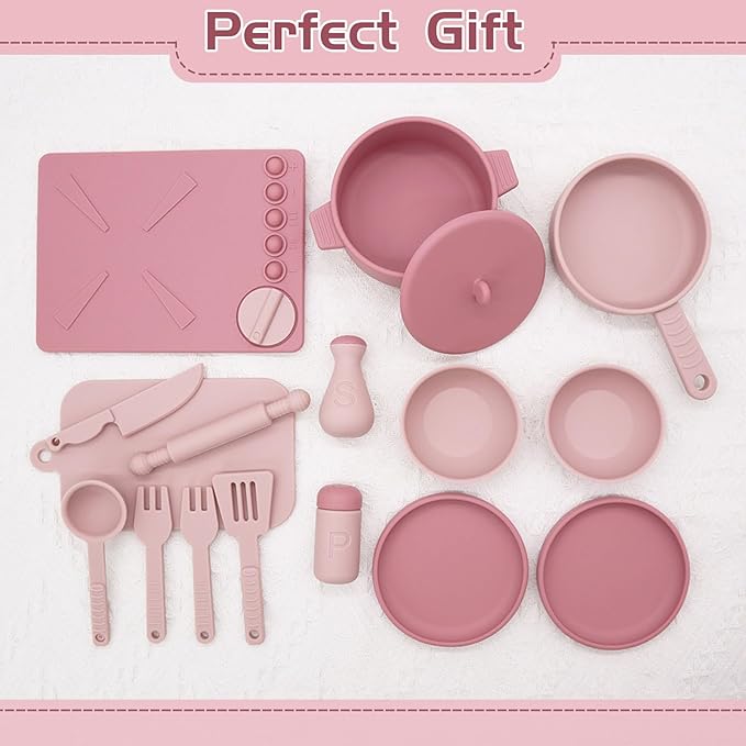 Play Kitchen Accessories, Silicone Pretend Play Kitchen Toys Set, Play Kitchen Pots and Pans Set for Kids, Learning Education Cooking Toys for Girls(Pink)