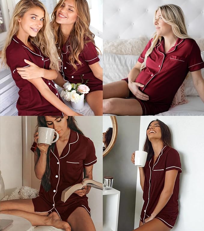 SWOMOG Womens Button Down Pajamas Set Short Sleeve Sleepwear Bride Soft Pj Lounge Sets XS-3XL